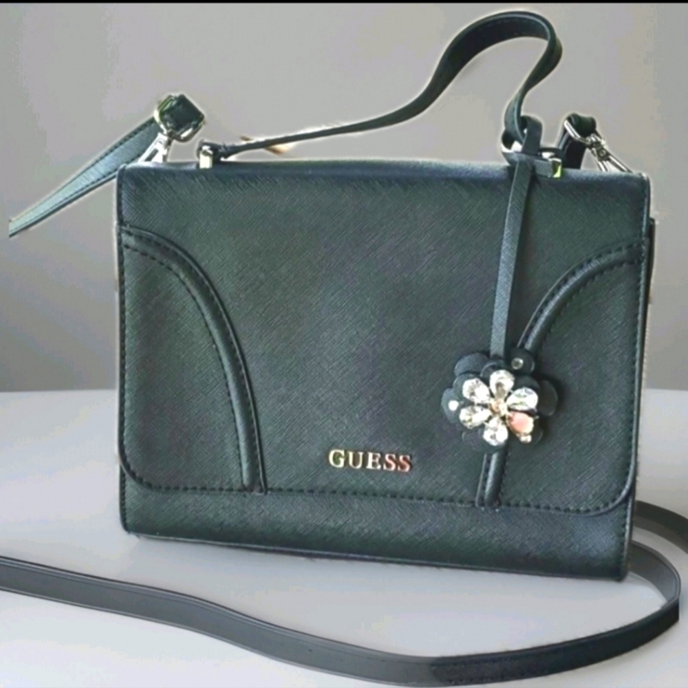 GUESS Black Faux Leather Shoulder Bag Rhinestone Flower Charm